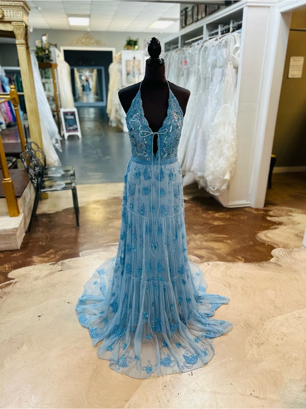 Ava Presley Light Blue Halter Prom Dress with Beaded Embellishments